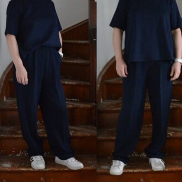 St.John Basics Santana Knit Elastic Waist Straight Trouser Pants Navy Women's 14 - Picture 1 of 9